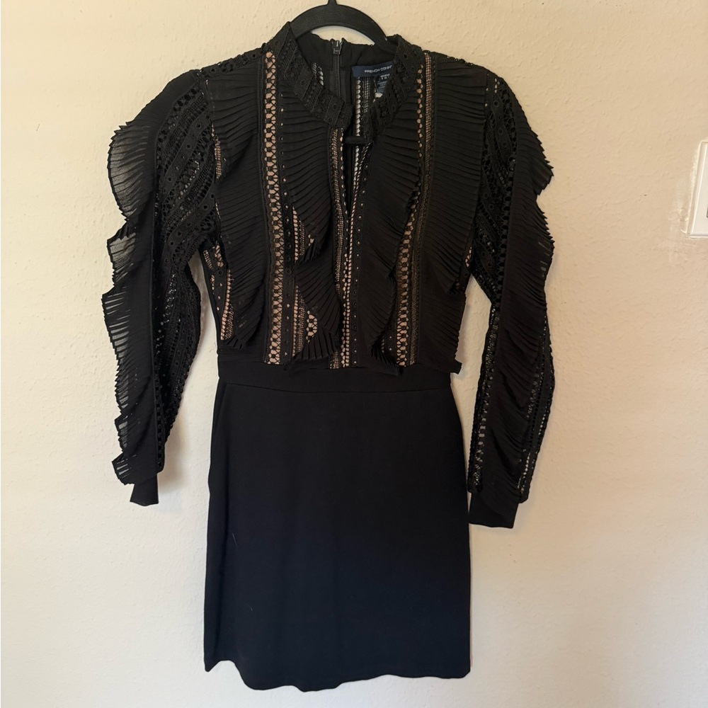 French Connection Black Lace & Pleated Long Sleeve Mini Dress – Size 4